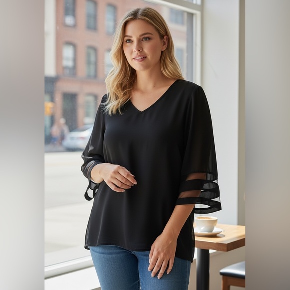 NEW•1X•Creme De La Creme Classy Flounce Sheer Sleeve Top - Picture 1 of 13